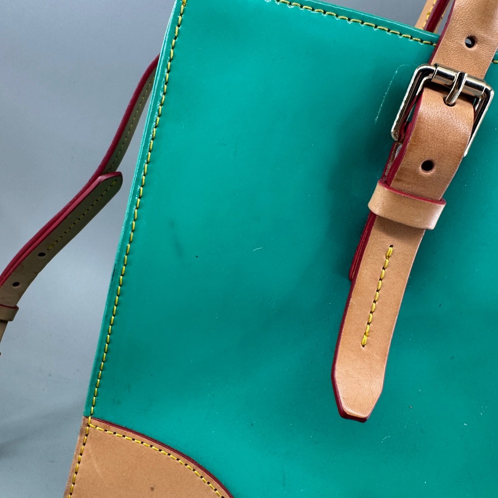 Dooney & Bourke Womens Patent Leather Satchel Crossbody Bag Teal Green Tan - Picture 5 of 16